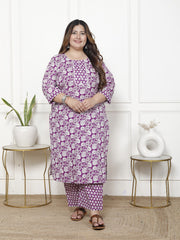 Plus Size Purple Cotton Printed Kurta Pant Set with Dupatta-200059