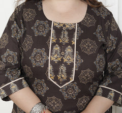 Plus Size Brown Cotton Printed Kurta Pant Set with Dupatta-200061