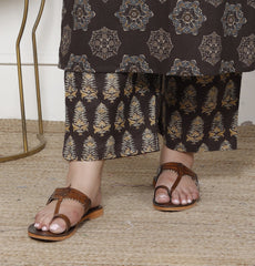 Plus Size Brown Cotton Printed Kurta Pant Set with Dupatta-200061