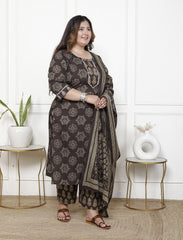 Plus Size Brown Cotton Printed Kurta Pant Set with Dupatta-200061