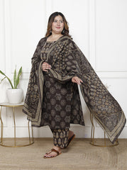 Plus Size Brown Cotton Printed Kurta Pant Set with Dupatta-200061