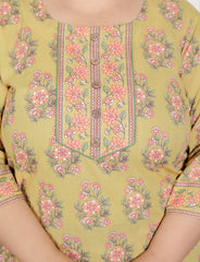 Plus Size Yellow Cotton Printed Kurta Pant Set with Dupatta-200067