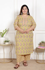 Plus Size Yellow Cotton Printed Kurta Pant Set with Dupatta-200067