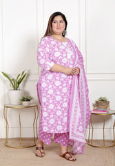 Plus Size Purple Cotton Printed Kurta Pant Set with Dupatta-200068