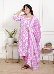 Plus Size Purple Cotton Printed Kurta Pant Set with Dupatta-200068