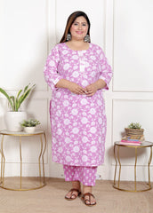 Plus Size Purple Cotton Printed Kurta Pant Set with Dupatta-200068