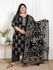 Plus Size Black Cotton Printed Kurta Pant Set with Dupatta-200069