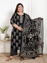 Plus Size Black Cotton Printed Kurta Pant Set with Dupatta-200069