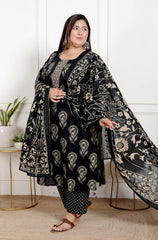 Plus Size Black Cotton Printed Kurta Pant Set with Dupatta-200069