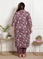 Plus Size Purple Cotton Printed Kurta Pant Set with Dupatta-200070
