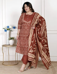 Plus Size Rust Cotton Printed Kurta Pant Set with Dupatta-200072