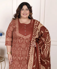 Plus Size Rust Cotton Printed Kurta Pant Set with Dupatta-200072
