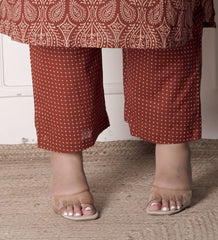Plus Size Rust Cotton Printed Kurta Pant Set with Dupatta-200072