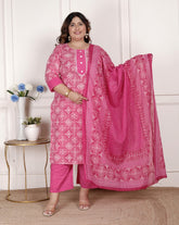 Plus Size Pink Cotton Bandhni print Kurta Pant Set with Dupatta-200074