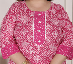Plus Size  Pink Cotton Bandhni print Kurta Pant Set with Dupatta-200074