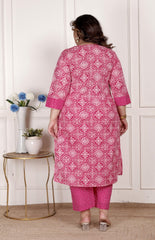 Plus Size  Pink Cotton Bandhni print Kurta Pant Set with Dupatta-200074