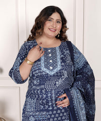 Plus Size Blue Cotton Printed Kurta Pant Set with Dupatta-200075