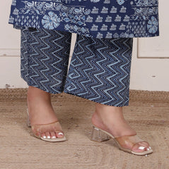 Plus Size Blue Cotton Printed Kurta Pant Set with Dupatta-200075