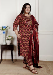Plus Size Black Cotton Printed Kurta Pant Set with Dupatta-200076