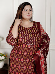 Plus Size Black Cotton Printed Kurta Pant Set with Dupatta-200076