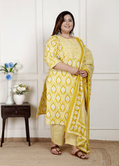 Plus Size Yellow Cotton Printed Kurta Pant Set with Dupatta-200077