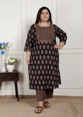 Plus Size Black Cotton Printed Kurta Pant Set with Dupatta-200078