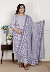 Plus Size Purple Cotton Printed Kurta Pant Set with Dupatta-200079