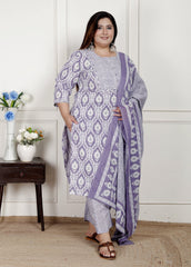 Plus Size Purple Cotton Printed Kurta Pant Set with Dupatta-200079