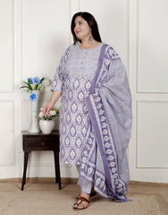 Plus Size Purple Cotton Printed Kurta Pant Set with Dupatta-200079