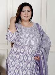 Plus Size Purple Cotton Printed Kurta Pant Set with Dupatta-200079