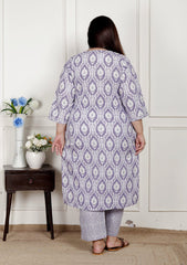 Plus Size Purple Cotton Printed Kurta Pant Set with Dupatta-200079