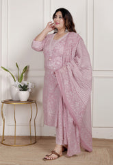 Plus Size Pink Cotton Printed Kurta Pant Set with Dupatta-200081