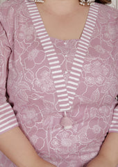 Plus Size Pink Cotton Printed Kurta Pant Set with Dupatta-200081