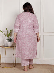 Plus Size Pink Cotton Printed Kurta Pant Set with Dupatta-200081