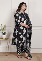 Plus Size Black Cotton Printed Kurta Pant Set with Dupatta-200083