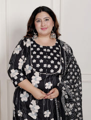 Plus Size Black Cotton Printed Kurta Pant Set with Dupatta-200083