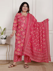 Plus Size Pink Cotton Printed Kurta Pant Set with Dupatta-200084