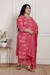 Plus Size Pink Cotton Printed Kurta Pant Set with Dupatta-200084