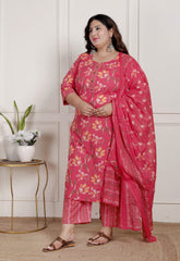 Plus Size Pink Cotton Printed Kurta Pant Set with Dupatta-200084
