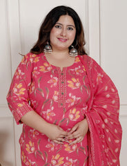 Plus Size Pink Cotton Printed Kurta Pant Set with Dupatta-200084