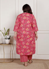 Plus Size Pink Cotton Printed Kurta Pant Set with Dupatta-200084