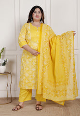 Plus Size Yellow Cotton Printed Kurta Pant Set with Dupatta-200086