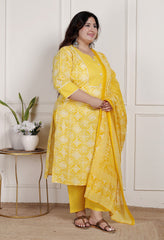 Plus Size Yellow Cotton Printed Kurta Pant Set with Dupatta-200086