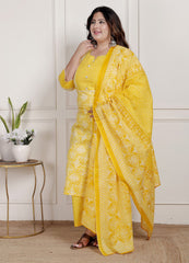 Plus Size Yellow Cotton Printed Kurta Pant Set with Dupatta-200086