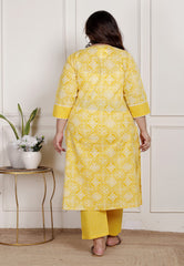 Plus Size Yellow Cotton Printed Kurta Pant Set with Dupatta-200086