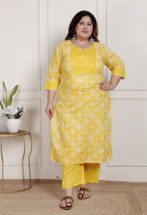 Plus Size Yellow Cotton Printed Kurta Pant Set with Dupatta-200086