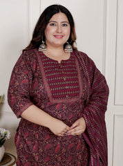 Plus Size Purple Cotton Printed Kurta Pant Set with Dupatta-200087