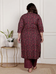 Plus Size Purple Cotton Printed Kurta Pant Set with Dupatta-200087