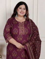 Plus Size Maroon Cotton Printed Kurta Pant Set with Dupatta-200088