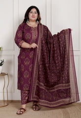 Plus Size Maroon Cotton Printed Kurta Pant Set with Dupatta-200088